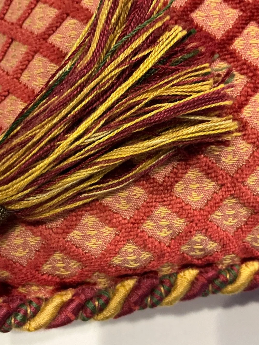 Italian made Damask rope trimmed lumbar pillow 16”x11” in red